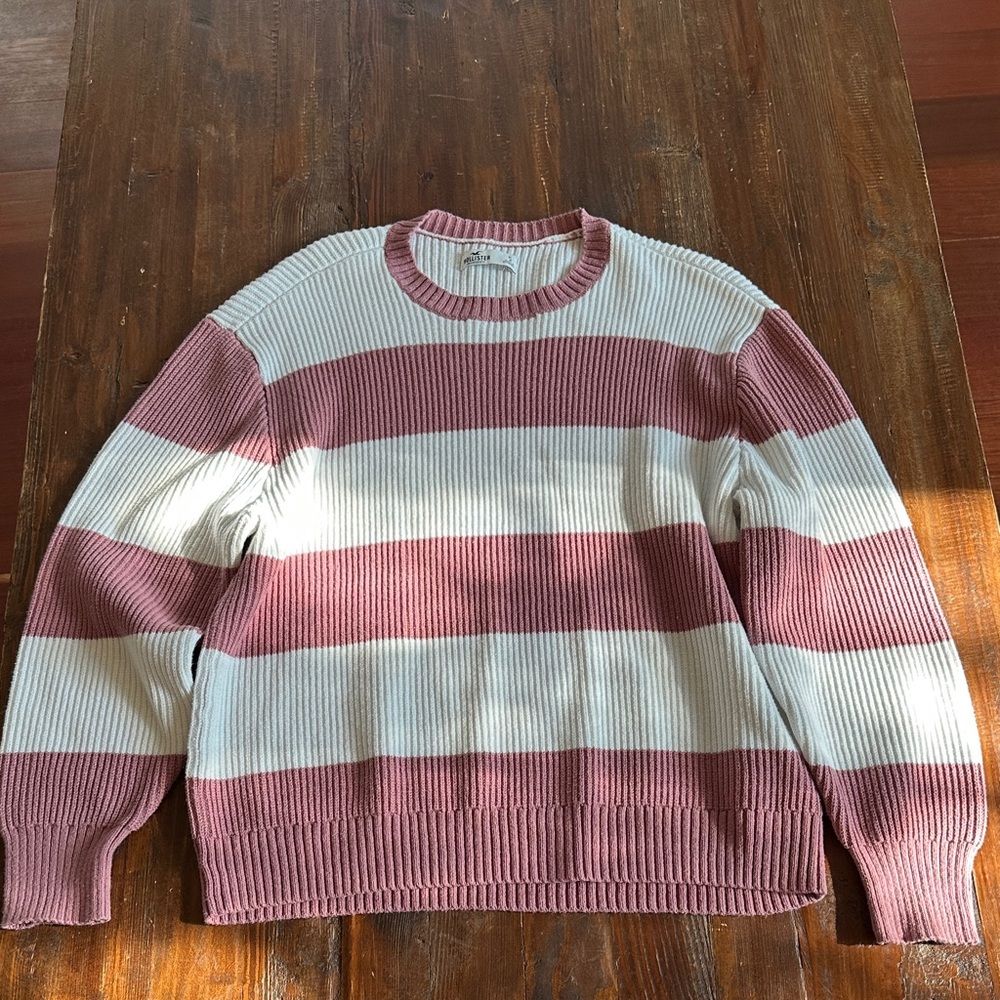 Hollister Men's Crewneck Sweater in Pink and White Stripes
